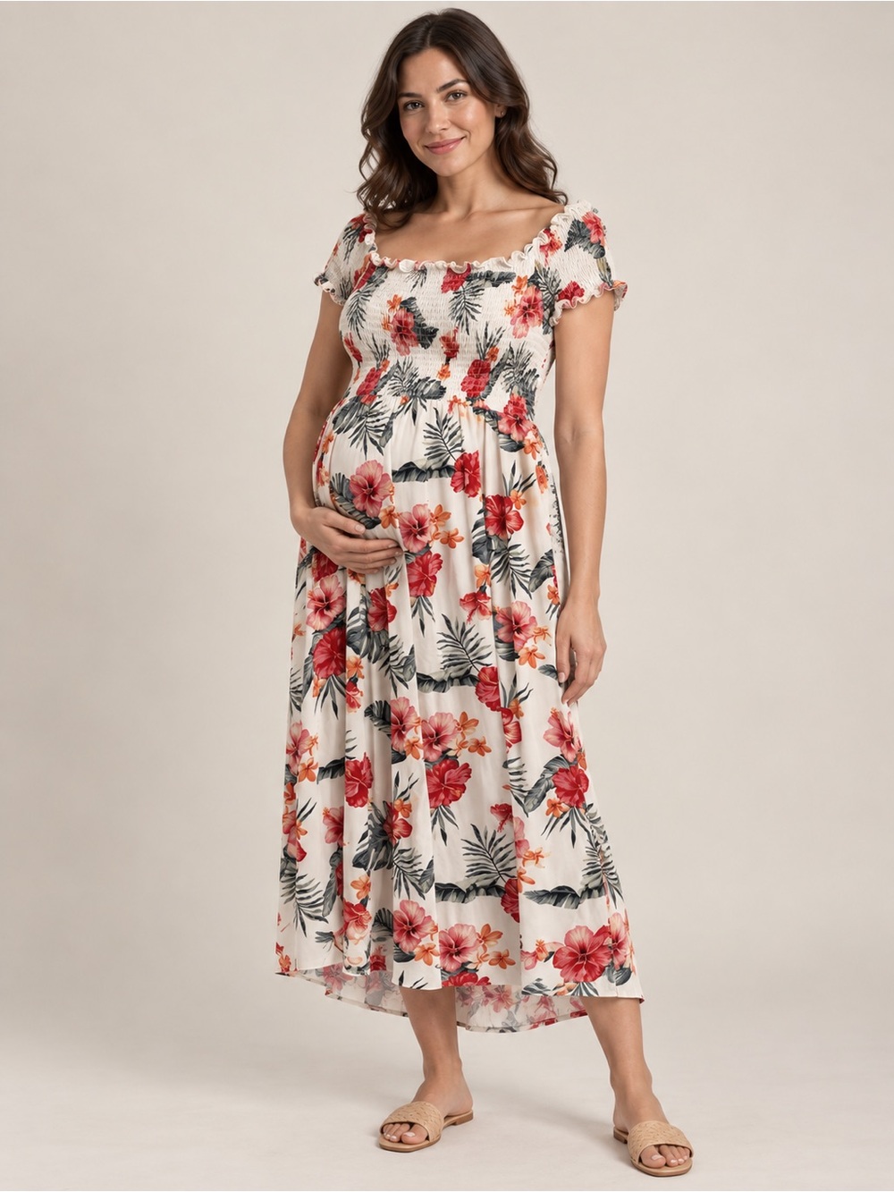 Floral Smocked Maternity Maxi Dress in Cream and Red